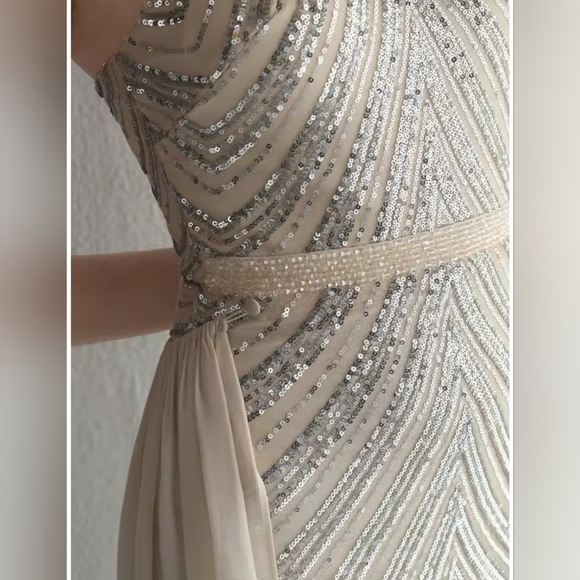 Silver,  O Neck, Sleeveless,  Detachable Skirt, Sequined Mermaid Gown - Picture 4 of 16